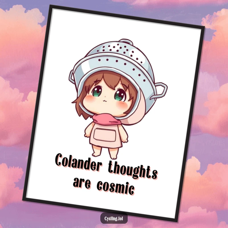 Funny Free Printable Wall Art: Character dons a colander helmet, gazing upwards with immense wonder and curiosity.