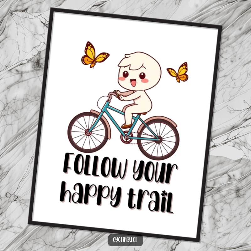 Funny Free Printable Wall Art: a playful Kawaii character delightedly chasing a butterfly on a bicycle, surrounded by nature.