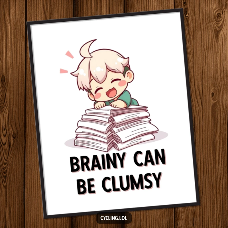 Funny Free Printable Wall Art featuring a character laughing uncontrollably while comically tripping over a large stack of scattered research papers.