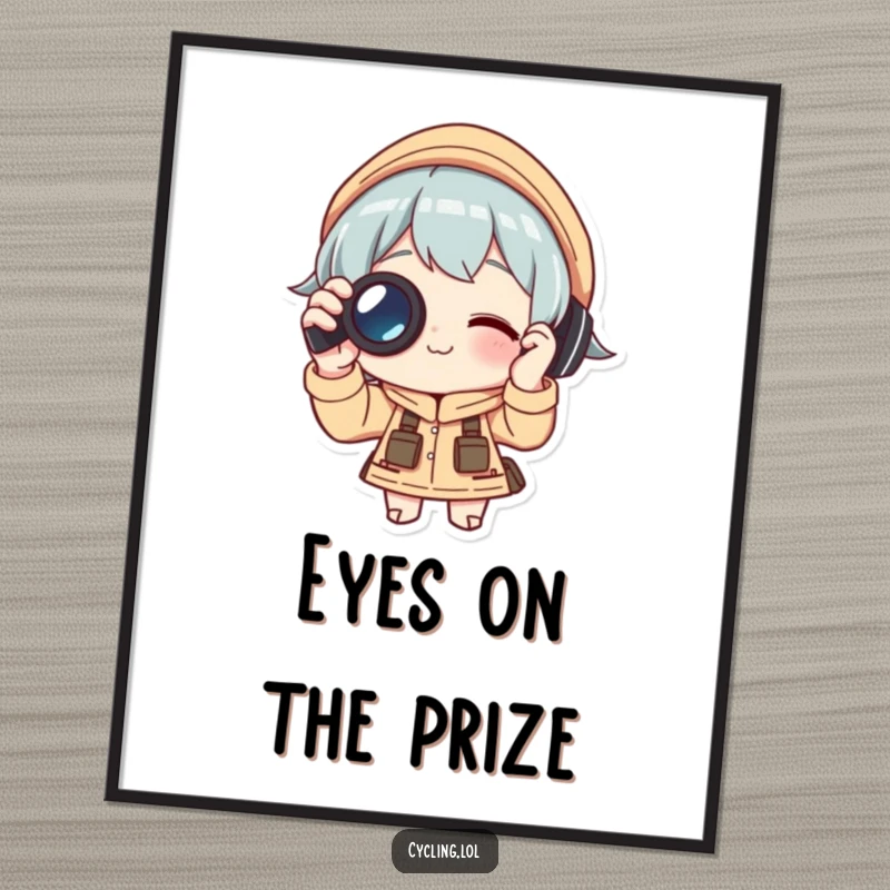 Funny Free Printable Wall Art: Character happily adjusting binoculars, gaze forward with humorous, intense concentration.