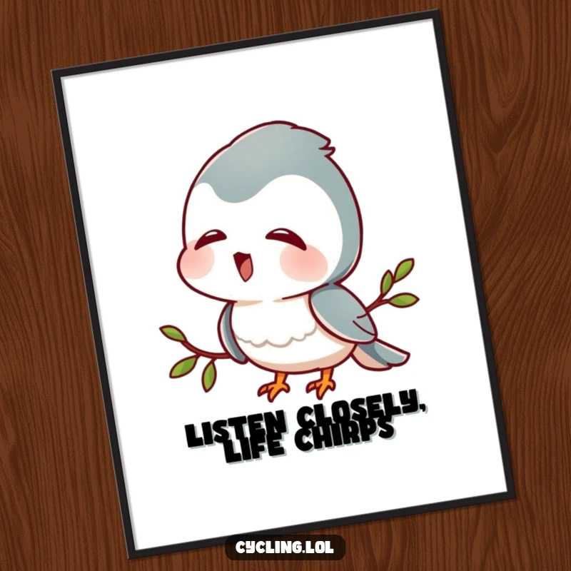 Funny Free Printable Wall Art: Character tilts head, listening to bird sounds with pure delight, a serene and humorous downloadable.