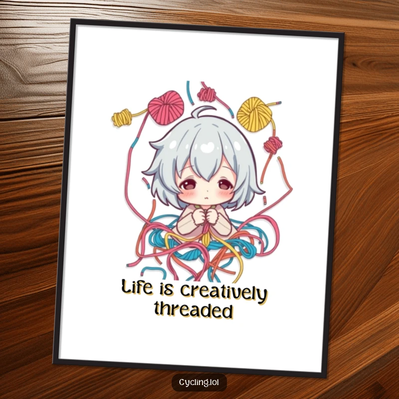 Funny Free Printable Wall Art: a character intently studies a pattern amidst vibrant threads, inspiring creative humor.