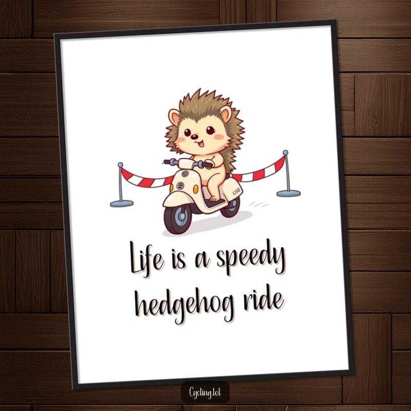 Funny Free Printable Wall Art: A proud hedgehog on a scooter triumphantly crossing a finish line, ready to race.