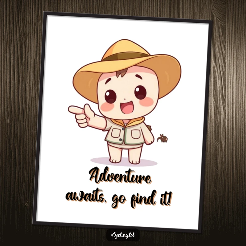 Funny Free Printable Wall Art: Safari-hatted character excitedly points at a distant, charming cartoon animal, a humorous downloadable.