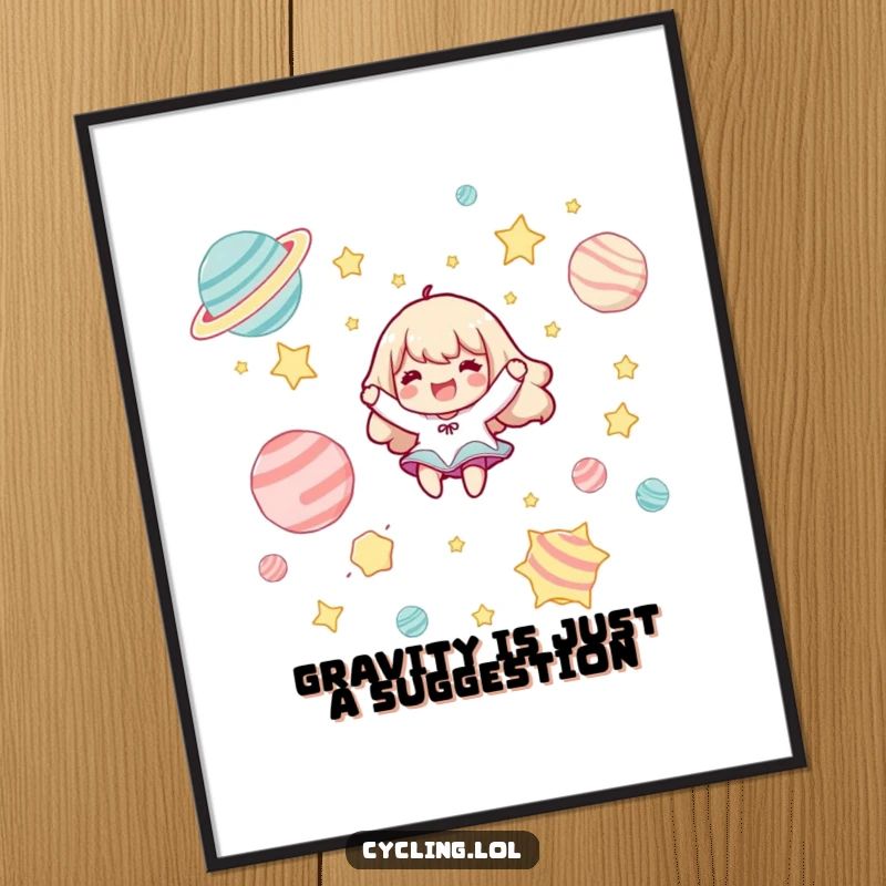 Funny Free Printable Wall Art: Character joyfully floating amidst cartoonish stars and planets, radiating happiness.