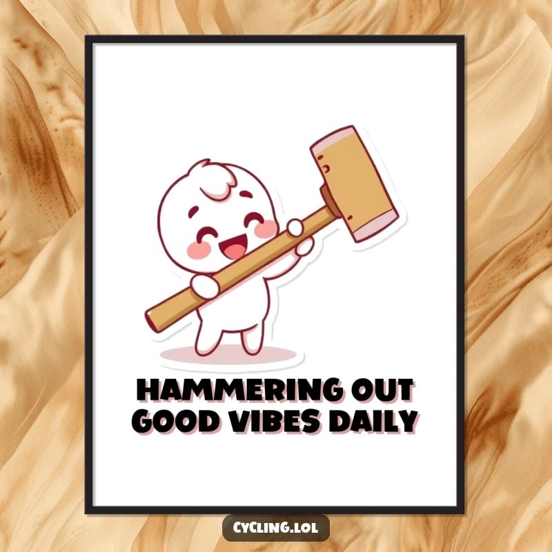 Funny Free Printable Wall Art: Character gleefully hammering a pretend nail with a giant hammer, adding quirky charm to any room.