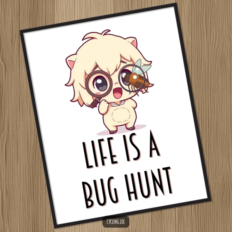 Funny Free Printable Wall Art: A character wearing a monocle peers intently at a magnified insect with humorous excitement.