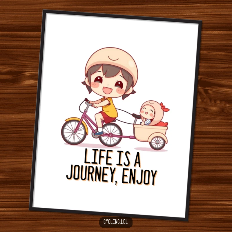 Funny free printable wall art depicting a beaming character pulling a tiny, laughing passenger in a bicycle trailer, capturing pure joy.