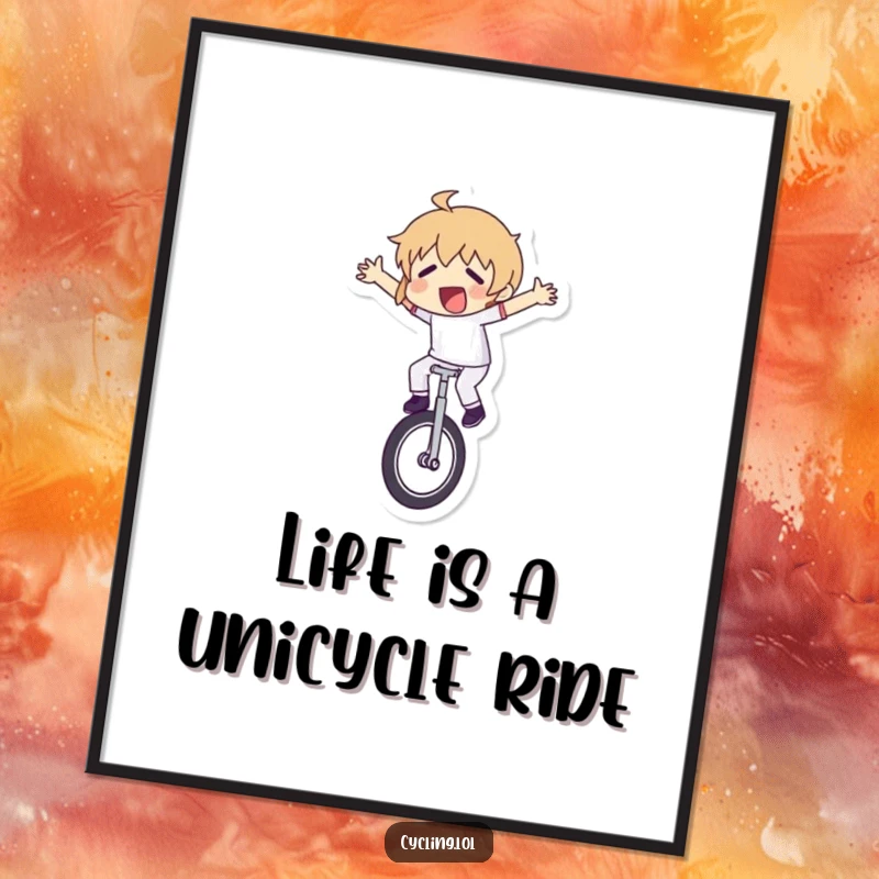Funny Free Printable Wall Art: Unicyclist dramatically flailing arms, almost falling off a unicycle. Quirky decor.