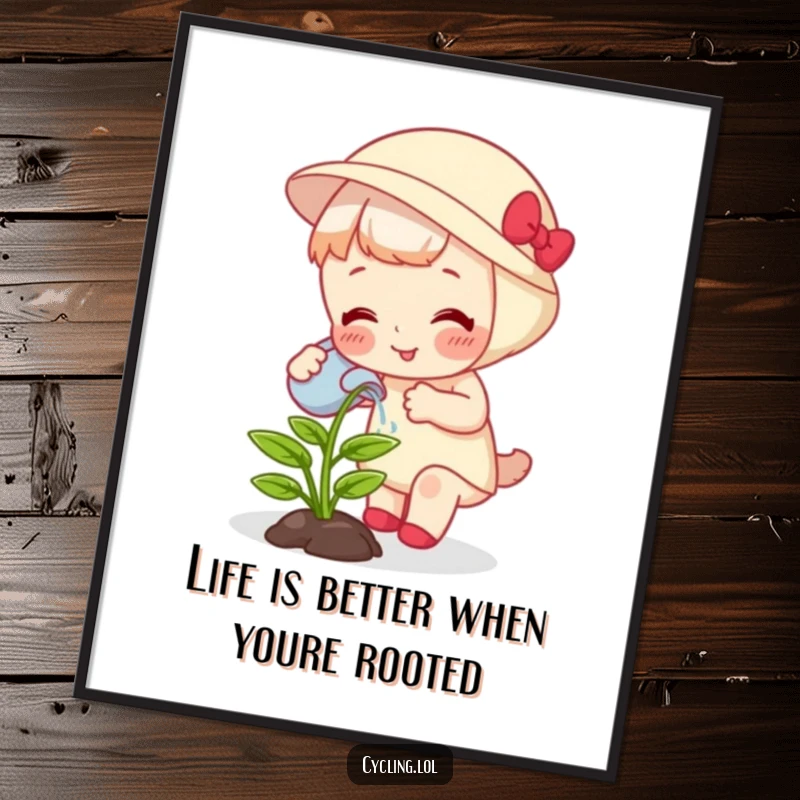 Funny Free Printable Wall Art: Character waters a giggling plant that is joyfully growing, a downloadable piece of botanical humor.