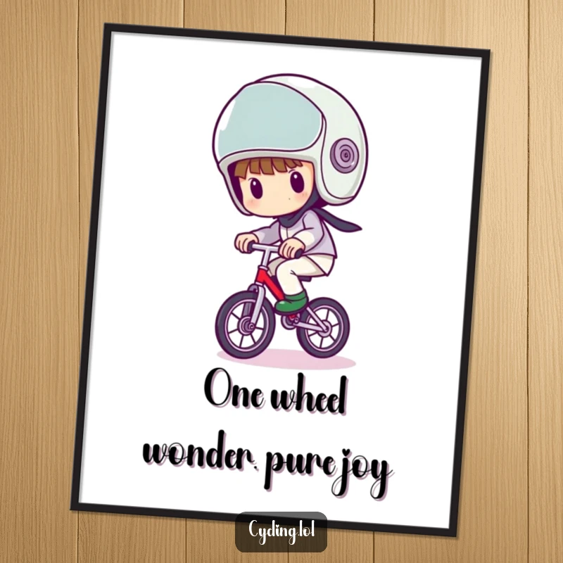 Funny Free Printable Wall Art: Character with an oversized helmet, precariously balancing on a unicycle, pure comedy.
