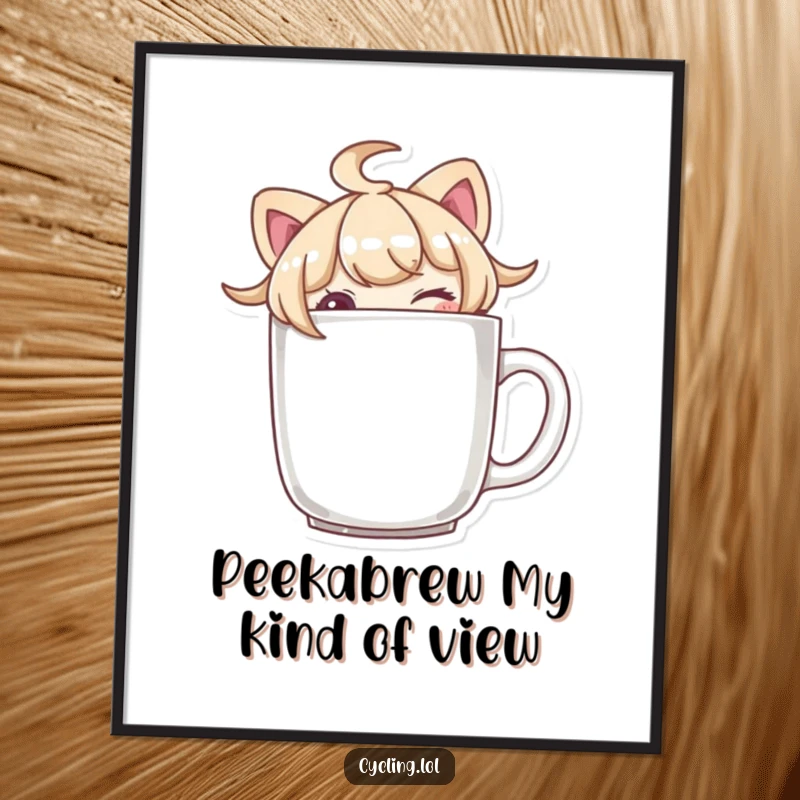 Funny free printable wall art of a character peeking over a mug's rim, giving a playful, mischievous wink.
