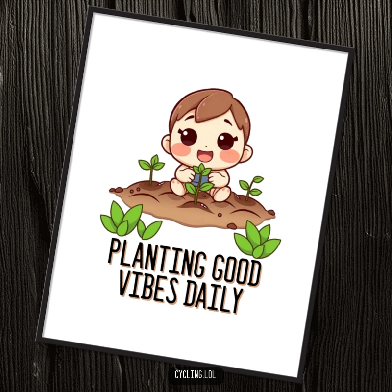 Funny Free Printable Wall Art: A character with a hopeful and excited expression planting seeds in a small pot.