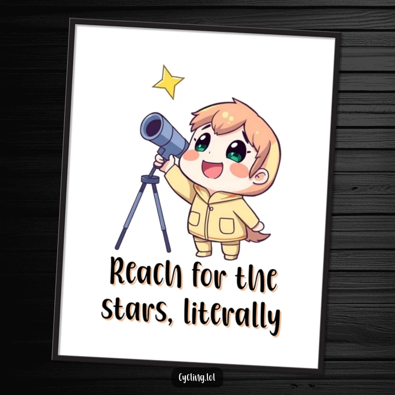 Funny Free Printable Wall Art: Astronaut aiming telescope at a star with a wide, delighted grin, celebrating discovery.