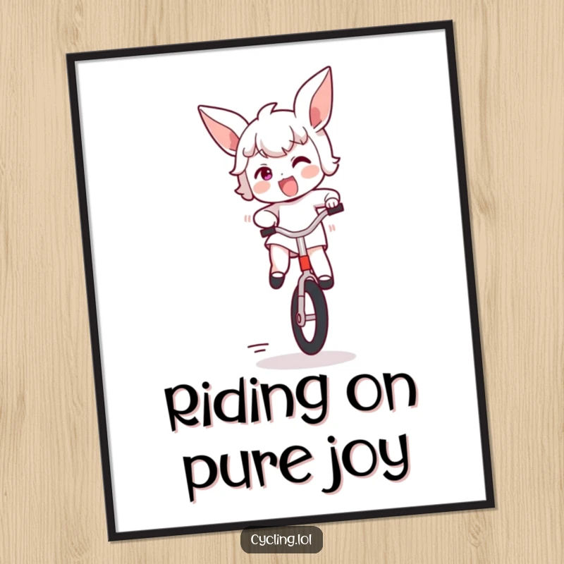 Funny Free Printable Wall Art: Unicyclist bouncing with excitement, ears flapping, a picture of pure joy. Energetic decor.