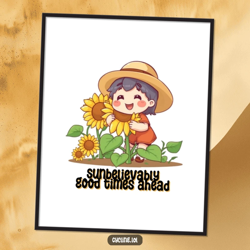 Funny Free Printable Wall Art: Straw hat character joyfully tending a giant smiling sunflower, radiating cheerful downloadable garden vibes.