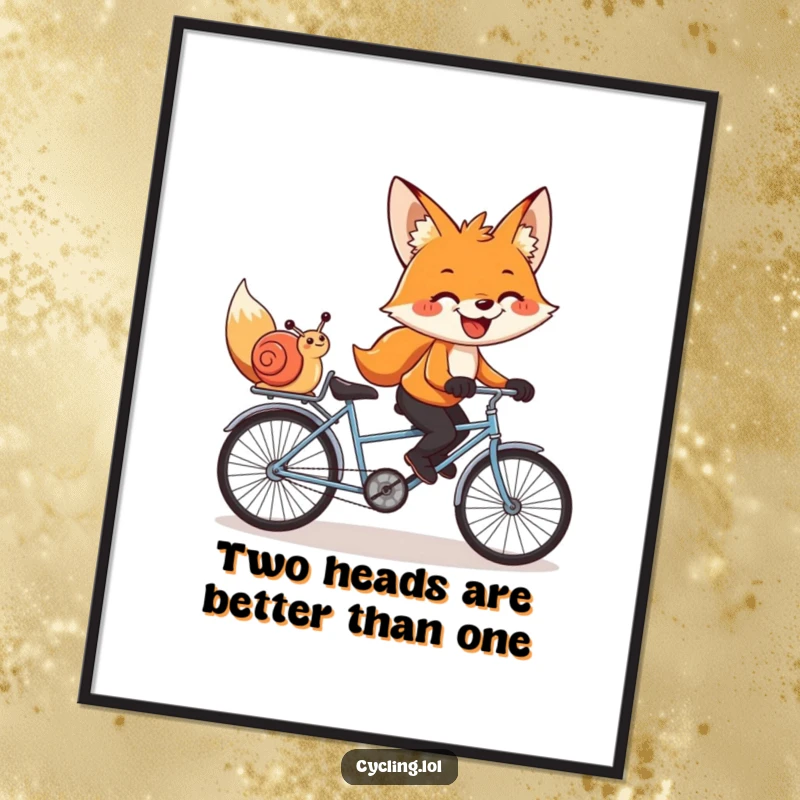 Funny Free Printable Wall Art: A grinning fox and a snail sharing a tandem bike ride through a scenic landscape.