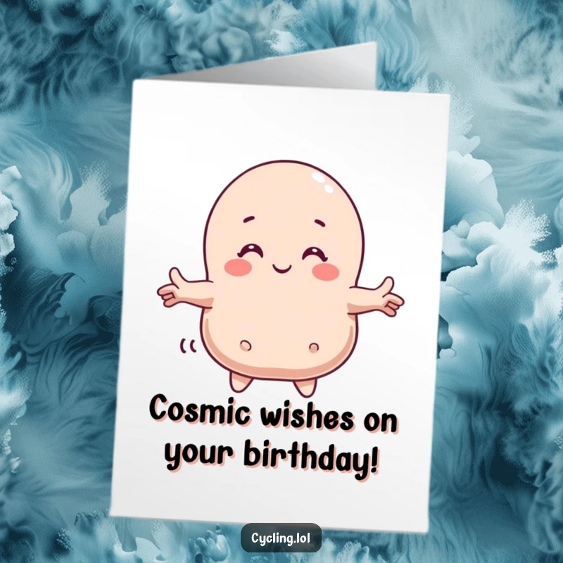 Funny free printable birthday card featuring a character joyfully hugging a friendly comet, ready to send cosmic wishes.