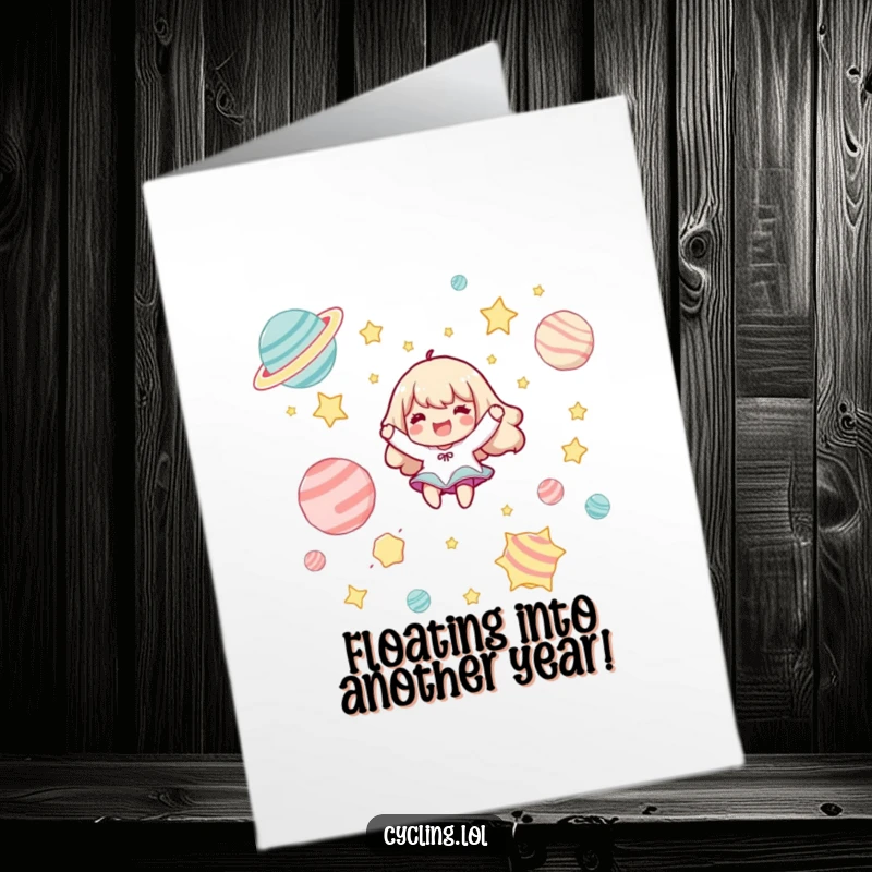 Funny Free Printable Birthday Card: Character joyfully floats among colorful cartoon stars and planets, celebrating bliss.