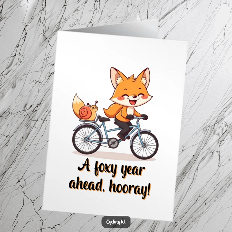 Funny Free Printable Birthday Card: A grinning fox pedals a tandem bike while a snail rides along, enjoying the view.