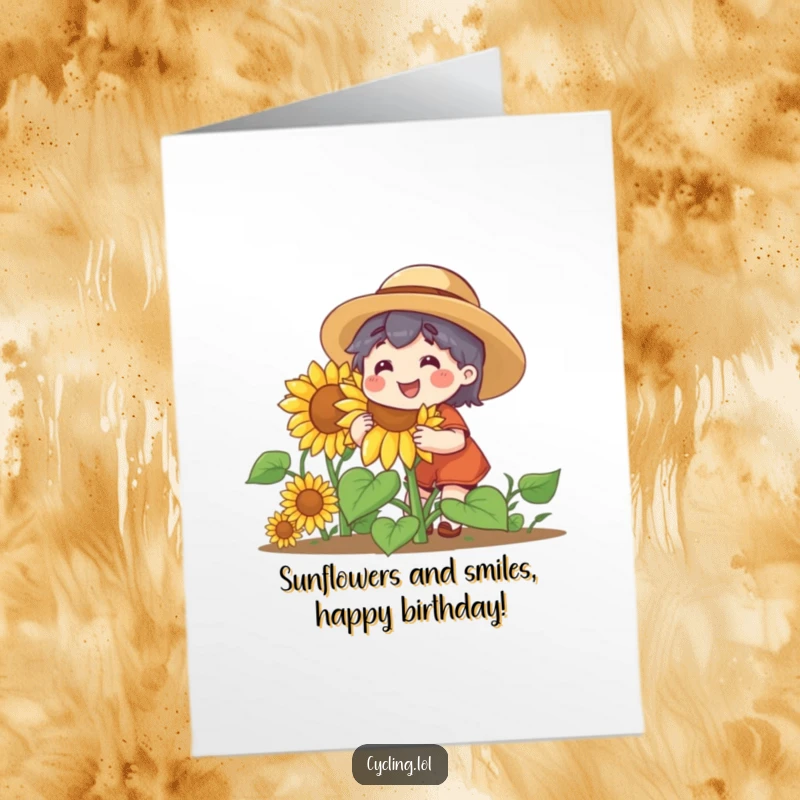 Funny Free Printable Birthday Card: Straw hat character joyfully watering a giant smiling sunflower, celebrating with downloadable cheer.