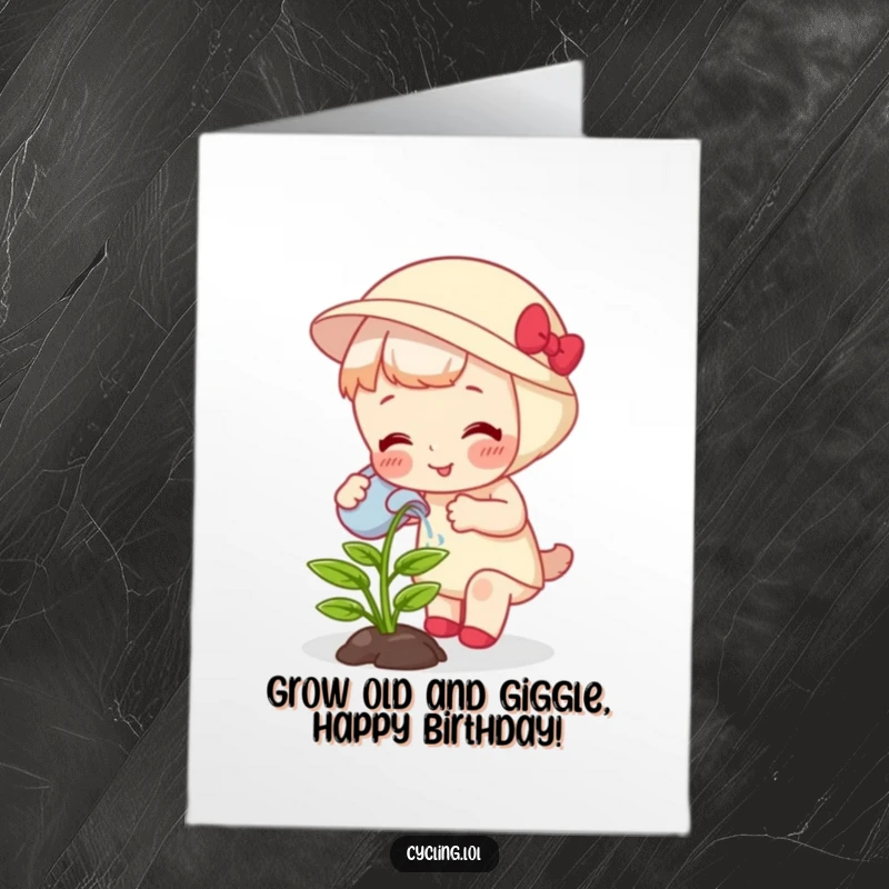 Funny Free Printable Birthday Card: Character playfully watering a giggling plant that is happily growing, a downloadable birthday surprise.