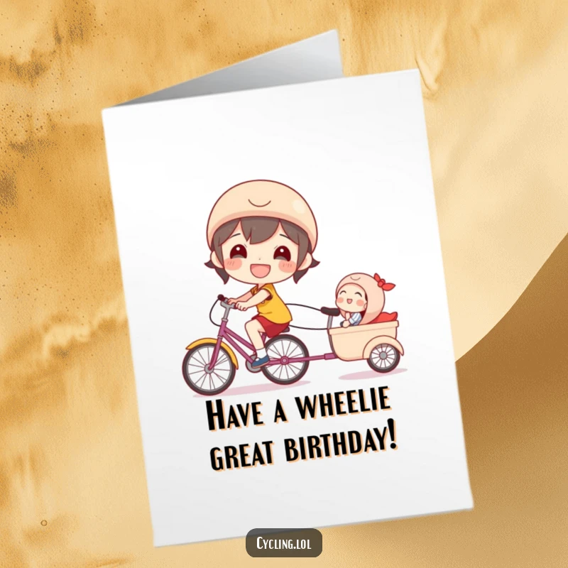 Funny free printable birthday card showing a beaming character happily pulling a laughing passenger in a bicycle trailer, celebrating joy.