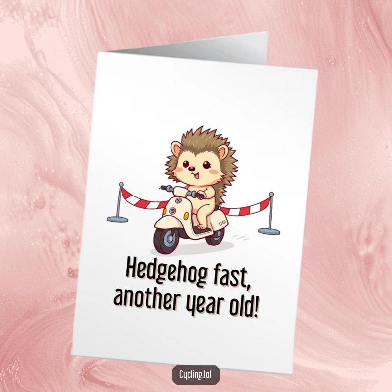 Funny Free Printable Birthday Card: A small hedgehog proudly crossing the finish line on a tiny scooter, beaming with joy.