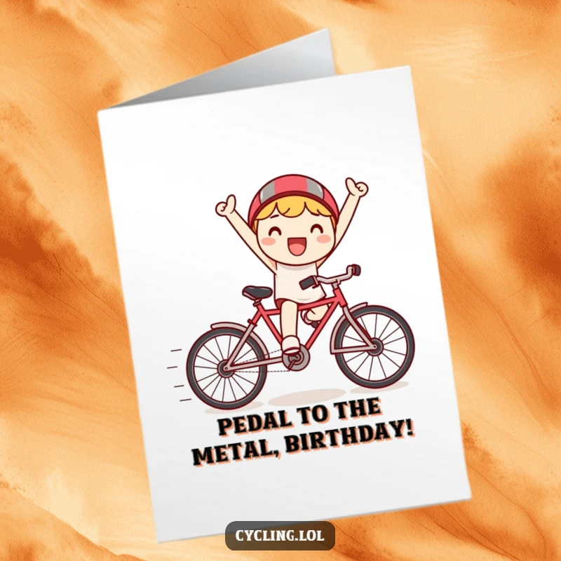 Funny Free Printable Birthday Card: a happy Kawaii character triumphantly riding a tiny bicycle with exaggerated speed lines.