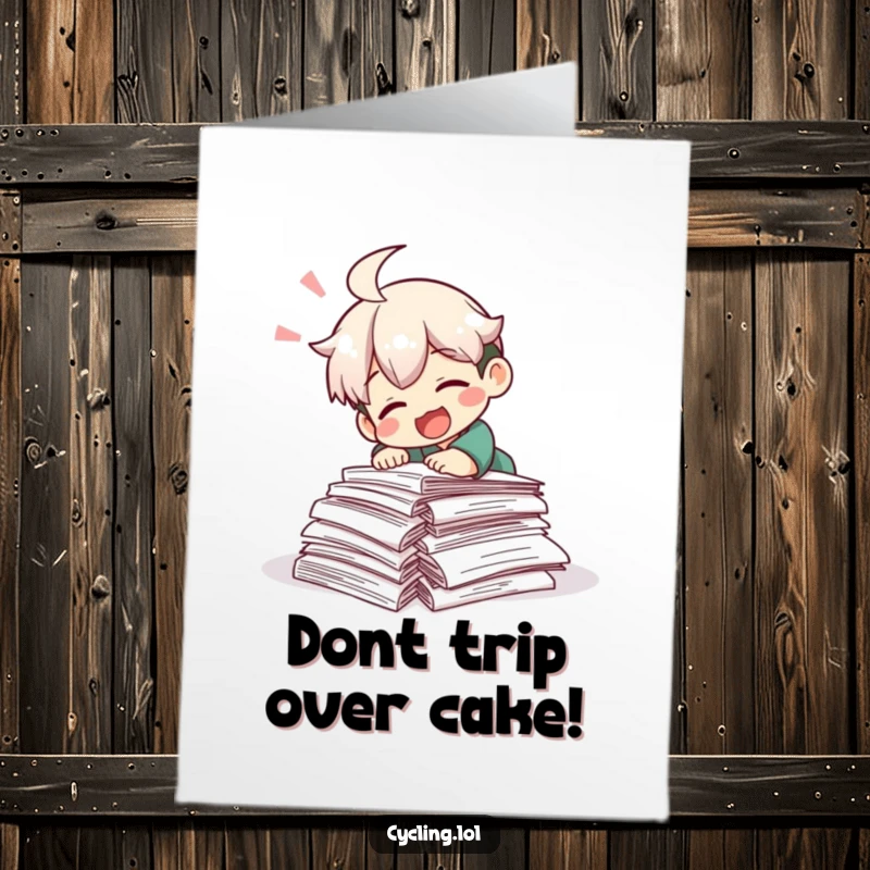 Funny Free Printable Birthday Card: Character laughs heartily while comically tripping over a messy pile of research papers, ideal for students.