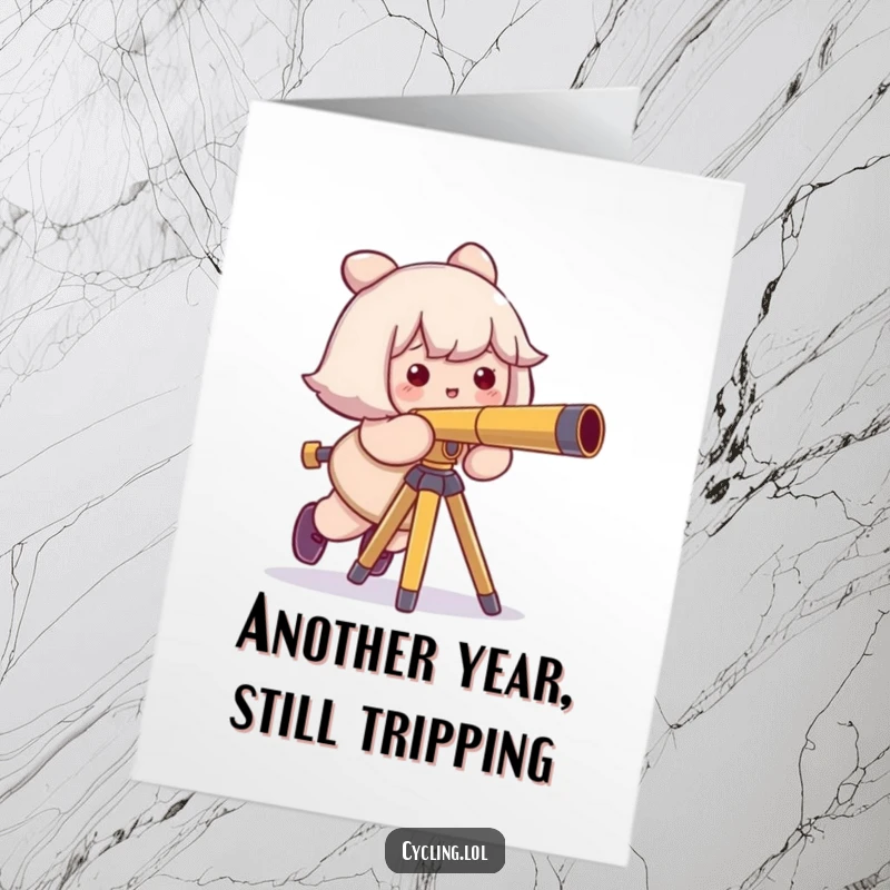 Funny free printable birthday card: a character trips over a telescope tripod, sporting a sheepish grin.