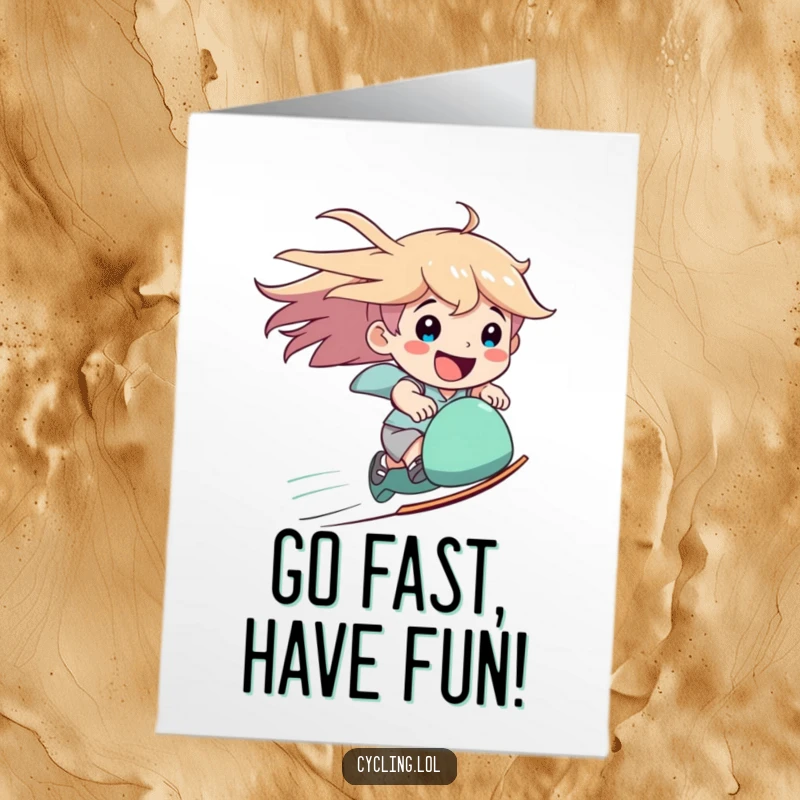 Funny free printable birthday card featuring a character zooming downhill with windblown hair and a wide, happy smile, embracing the thrill.