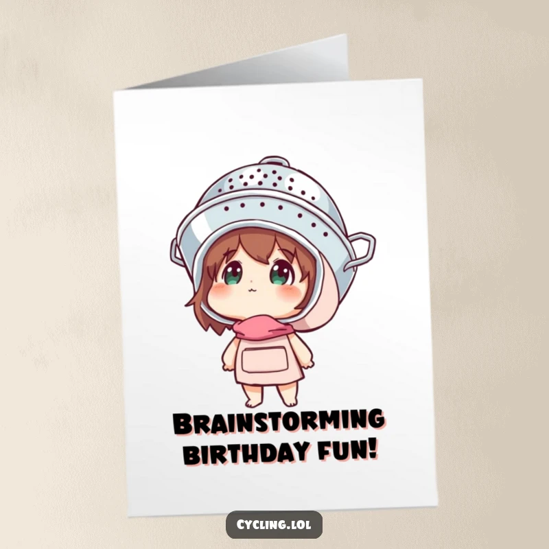 Funny Free Printable Birthday Card: Character wears colander helmet, looking up with wide-eyed wonder.