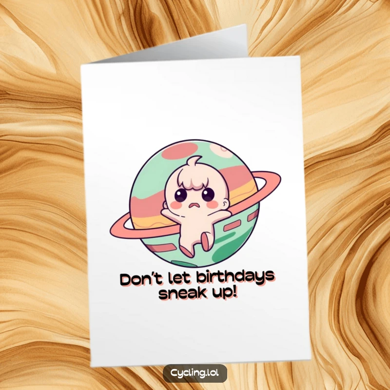 Funny Free Printable Birthday Card: Astronaut jumps back startled from a mischievous planet, adding comic chaos.