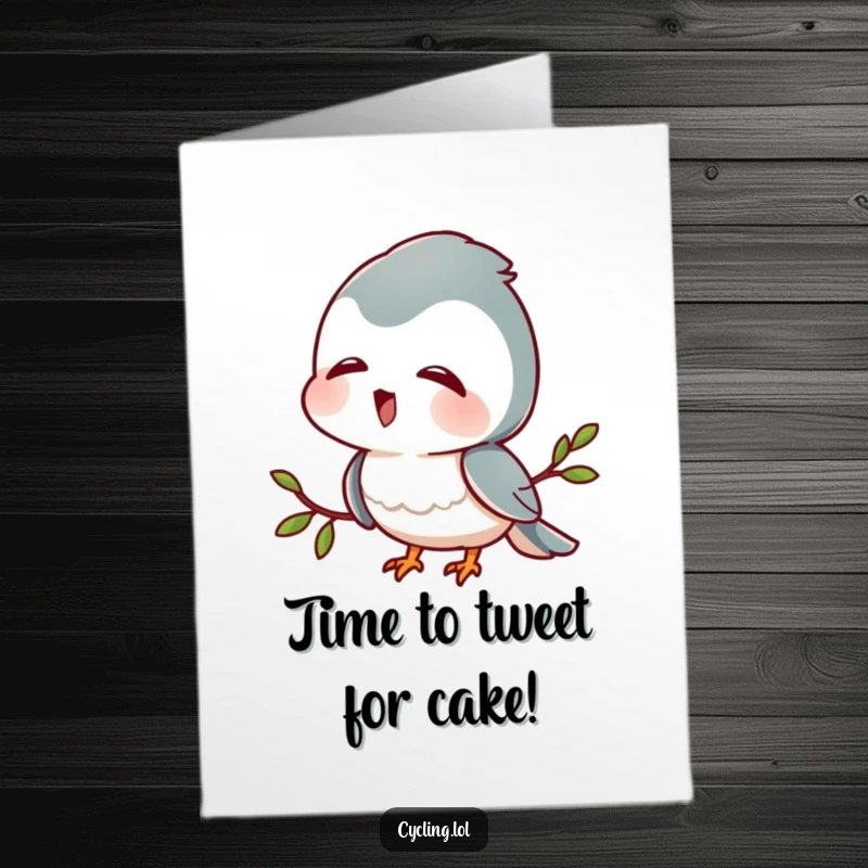 Funny Free Printable Birthday Card: Character tilts head, listening to bird sounds with delight, a cheerful birthday greeting.