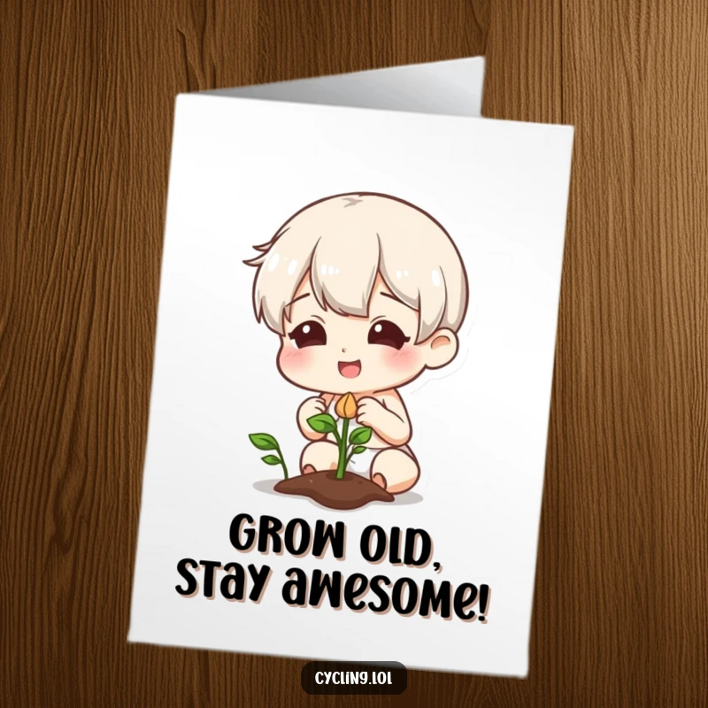 Funny Free Printable Birthday Card: Smiling character curiously examines a sprouting plant, a quirky and humorous DIY gift.