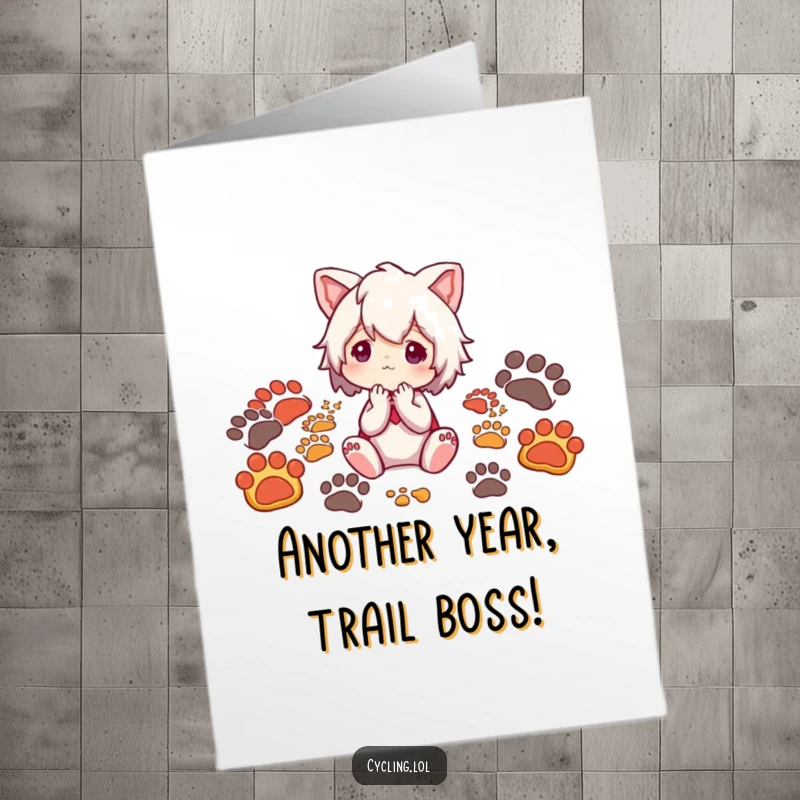 Funny Free Printable Birthday Card: Character surrounded by diverse animal footprints, looking thoughtful, a witty birthday greeting.