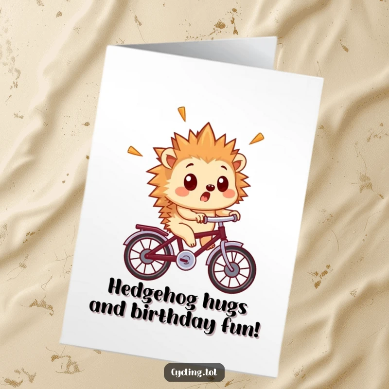 Funny Free Printable Birthday Card: Surprised hedgehog with quills flying wildly as it rides a tiny bicycle.