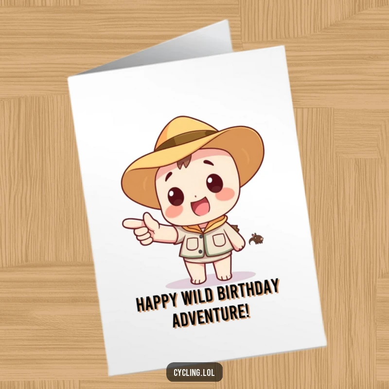 Funny Free Printable Birthday Card: Safari-hatted character excitedly points to a distant cartoon animal, a thrilling birthday adventure.