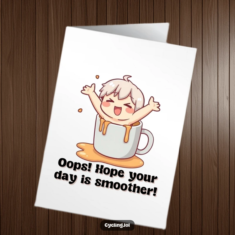 Funny Free Printable Birthday Card: Comedic character slipping dramatically on spilled mug liquid, arms flailing wildly.