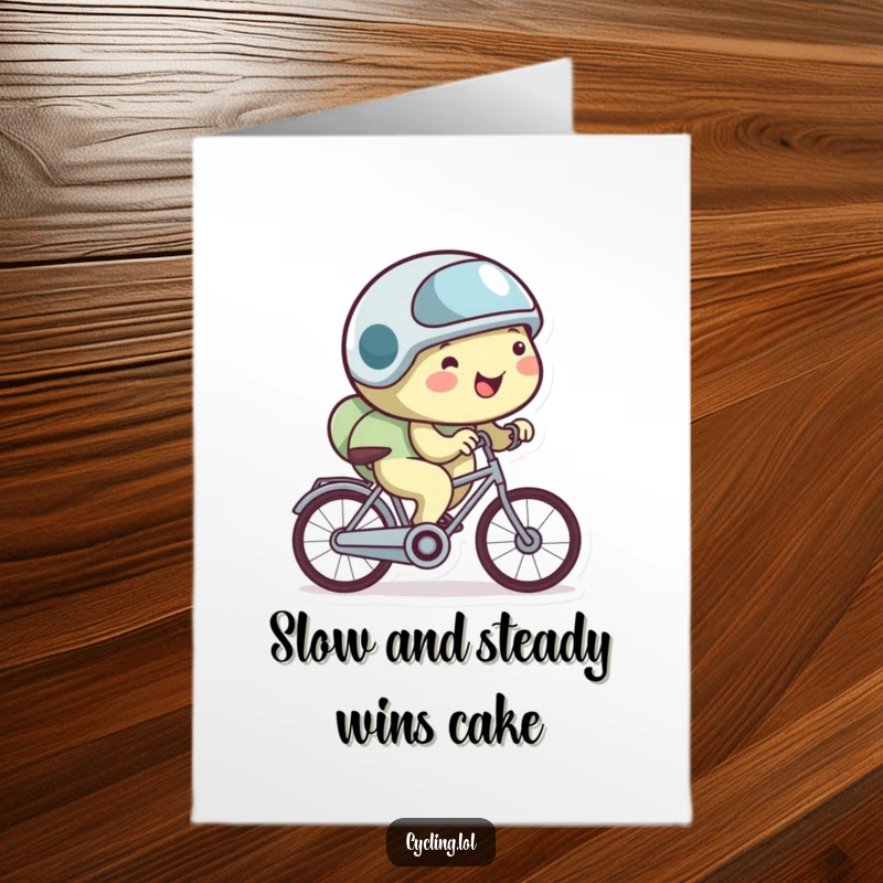 Funny Free Printable Birthday Card: Happy snail wearing a tiny helmet, cycling very slowly with a determined smile.