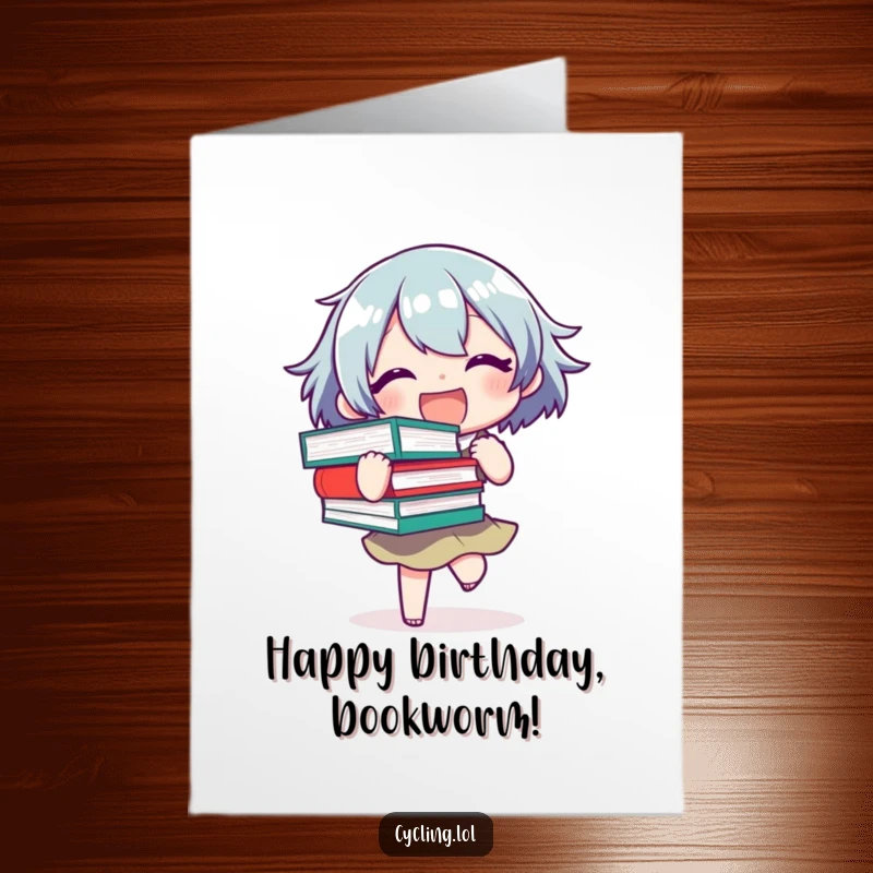 Funny Free Printable Birthday Card featuring a joyful character overloaded with books, nearly losing balance, a reader's delight.