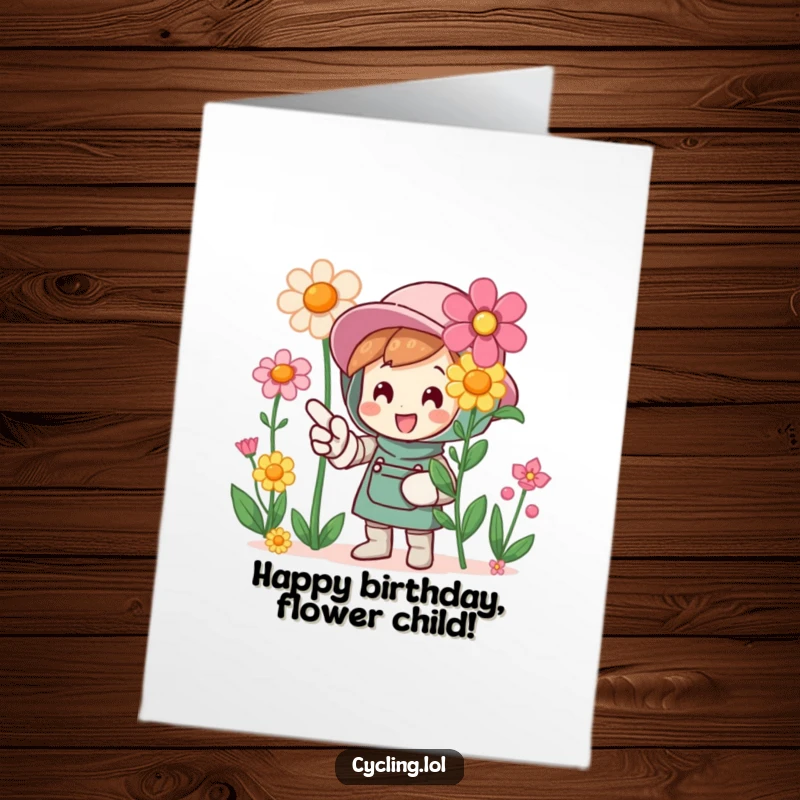 Funny Free Printable Birthday Card: Character in gardening glove pointing enthusiastically at beautiful blooming flowers.