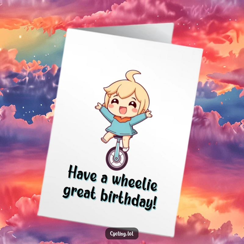 Funny Free Printable Birthday Card: Joyful character riding a unicycle upside down, eyes wide with hilarious glee. A wild greeting.
