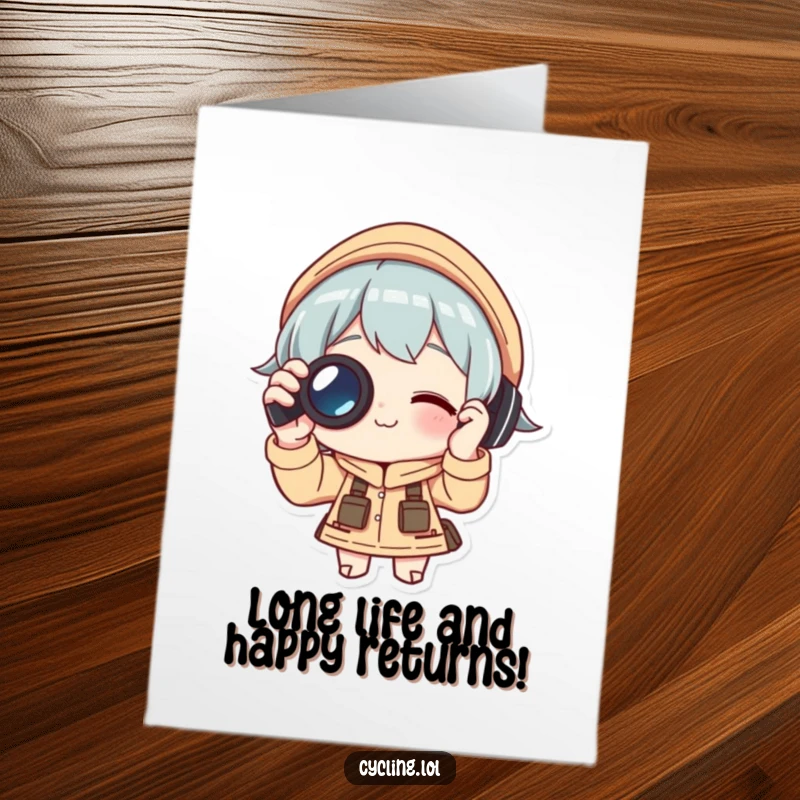 Funny Free Printable Birthday Card: Character happily adjusts binoculars, gaze fixed forward with determined, humorous focus.