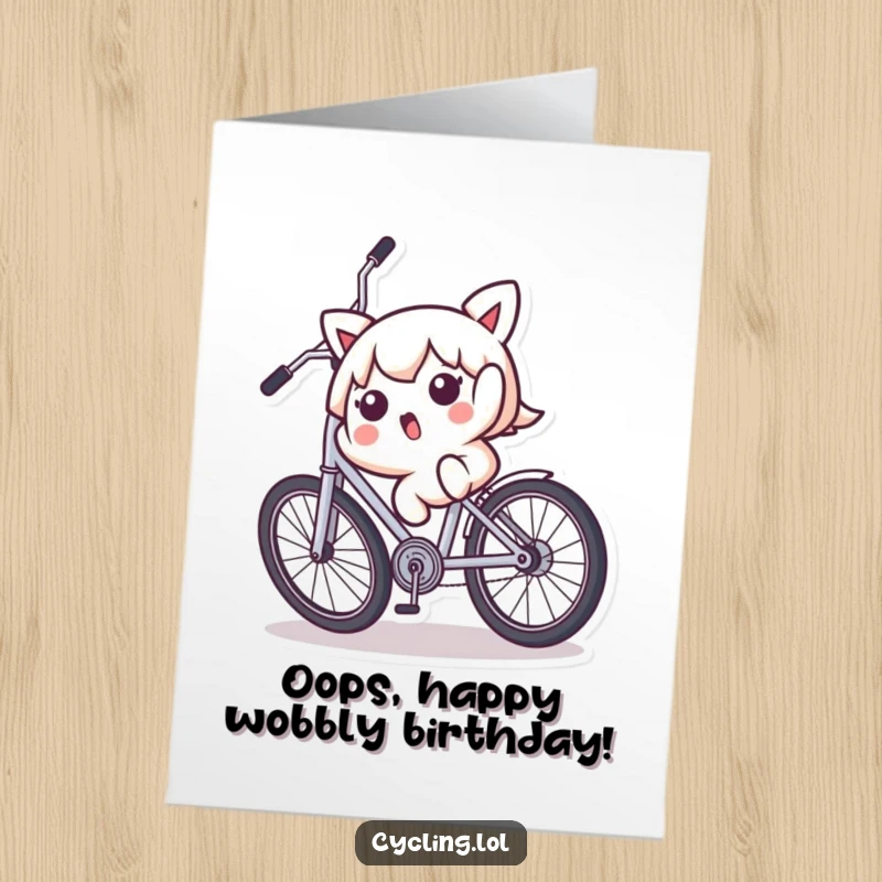 Funny Free Printable Birthday Card: a surprised Kawaii character falling backward off a wobbly bicycle, mid-tumble.