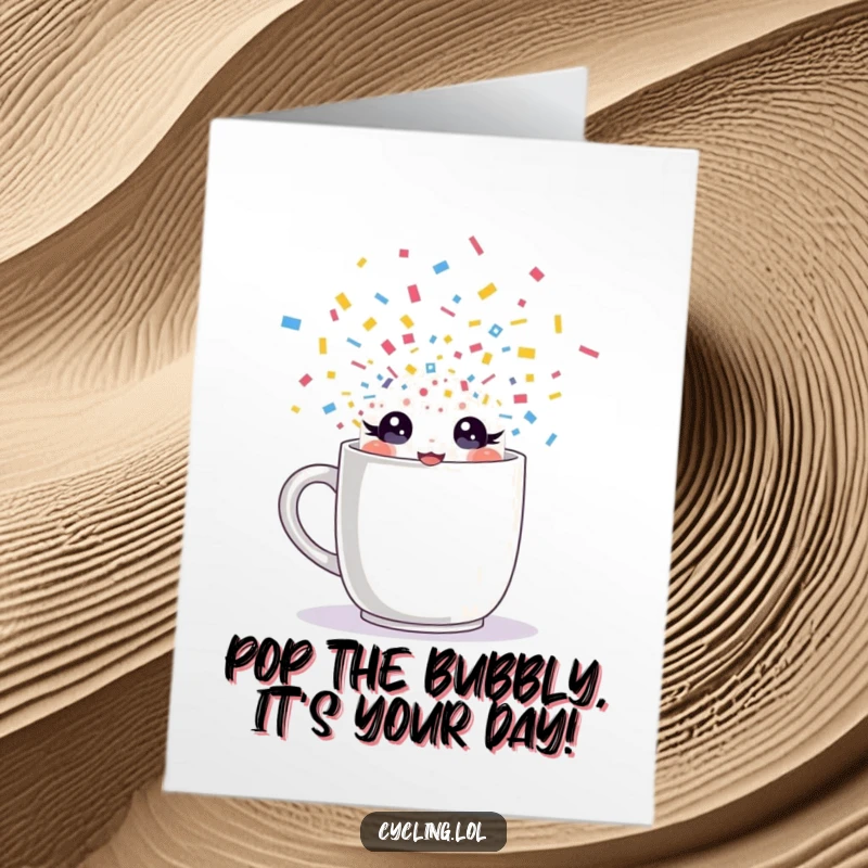 Funny Free Printable Birthday Card: Character with sparkling eyes bursts from a mug amidst celebratory confetti.