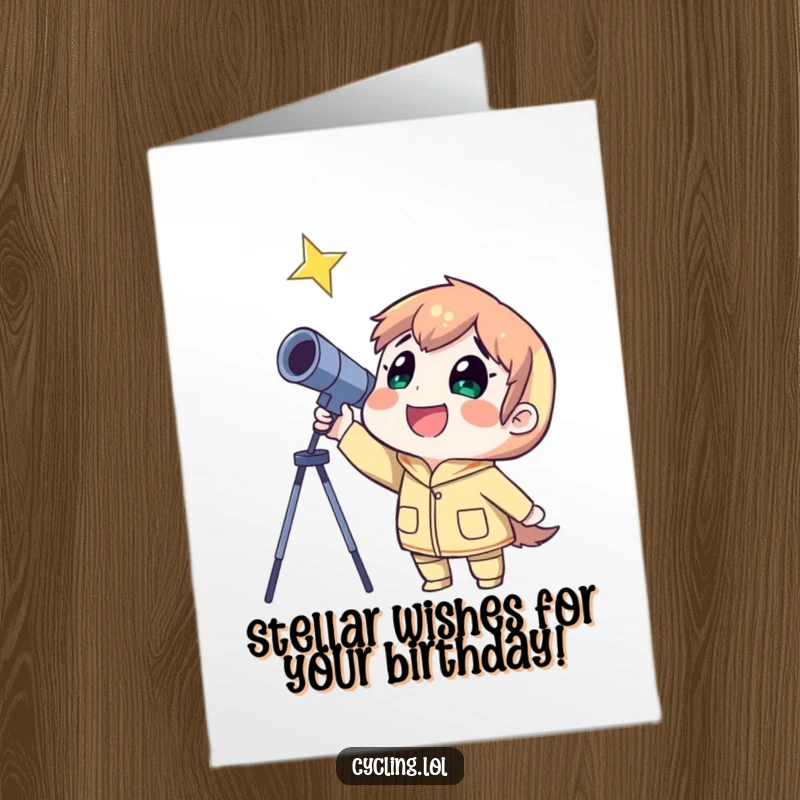 Funny Free Printable Birthday Card: Astronaut points telescope at star with a huge grin, ready for stellar celebrations.
