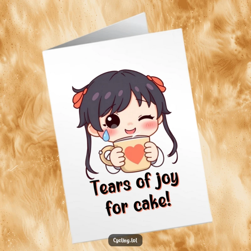 Funny free printable birthday card showing a character with a happy tear, savoring a steaming mug of coffee or tea.