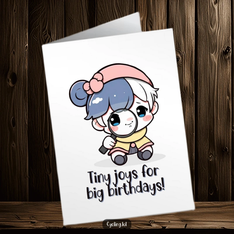 Funny Free Printable Birthday Card: Astronaut examines tiny smiling moon with magnifying glass, full of wonder.